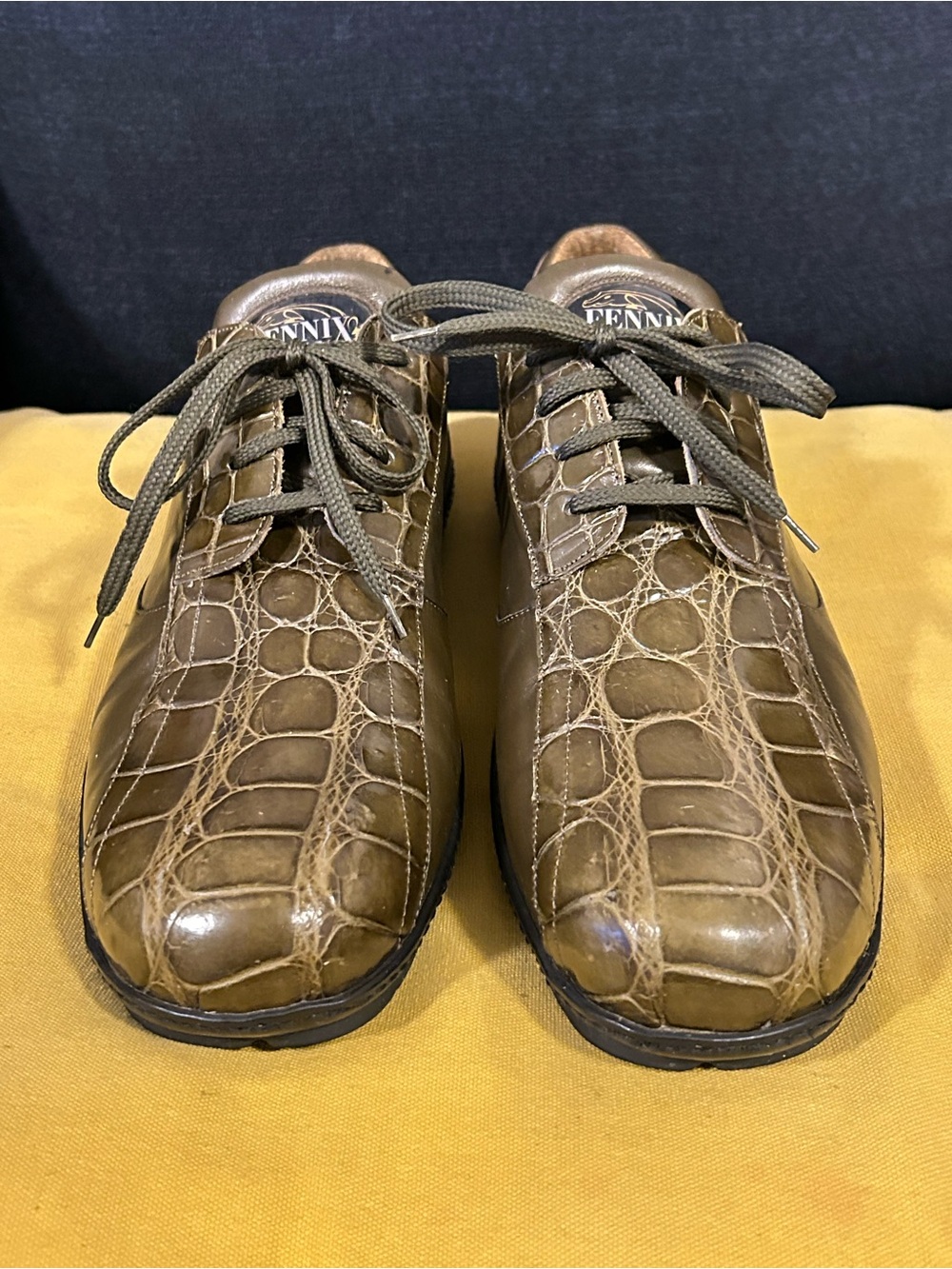 Fennix Italy olive green genuine alligator casual sneakers.